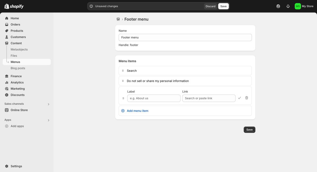Shopify Store Footer Menu