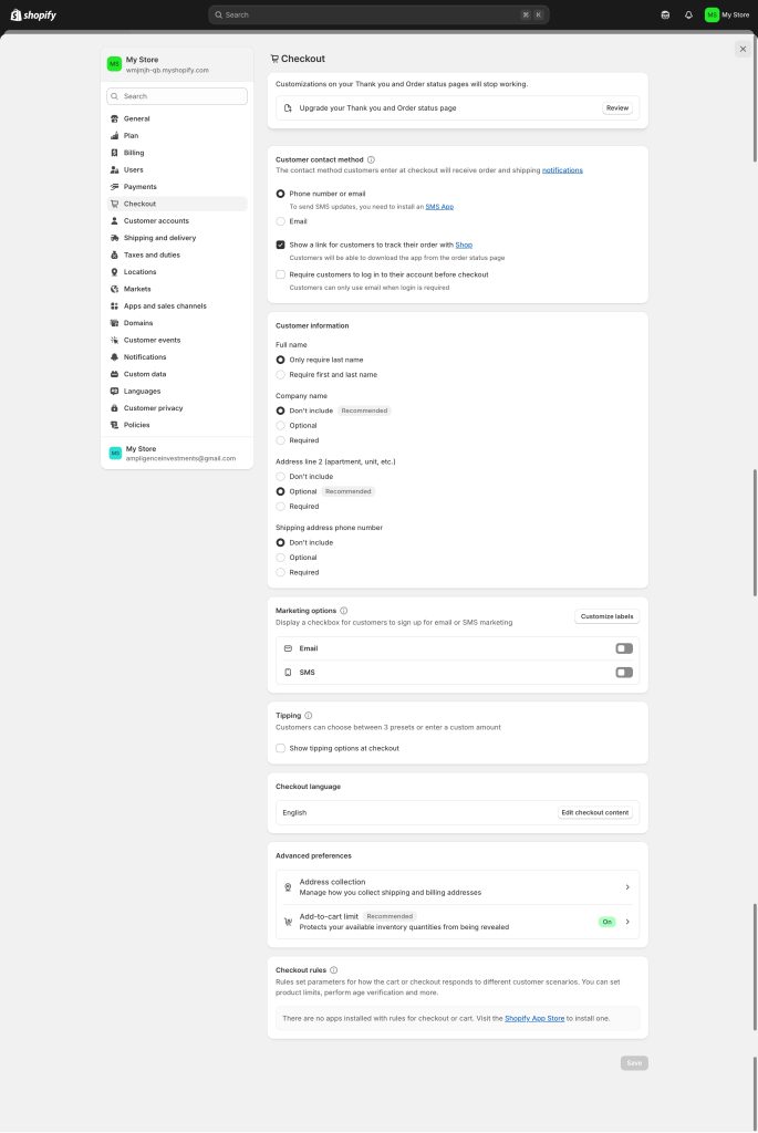 Shopify Store Checkout Page Setup