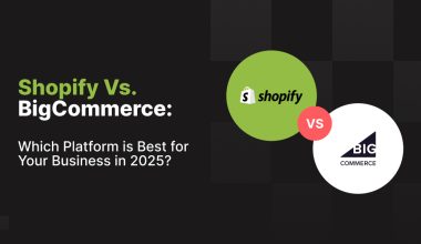 Comparison graphic titled 'Shopify Vs. BigCommerce: Which Platform is Best for Your Business in 2025?' featuring the Shopify logo in a green circle and the BigCommerce logo in a white circle, separated by a red 'VS' text on a black background."