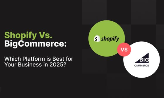 Comparison graphic titled 'Shopify Vs. BigCommerce: Which Platform is Best for Your Business in 2025?' featuring the Shopify logo in a green circle and the BigCommerce logo in a white circle, separated by a red 'VS' text on a black background."
