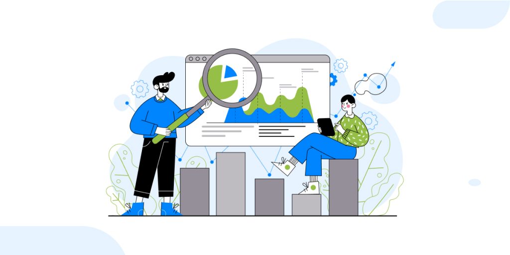 An illustration for 'Analyze Last Year’s Data (Don’t Repeat Mistakes)' showing two people working with data. One person uses a magnifying glass to examine a chart with a pie and line graph, while the other sits with a tablet. The background includes icons of gears, money, and abstract shapes on a light background.
