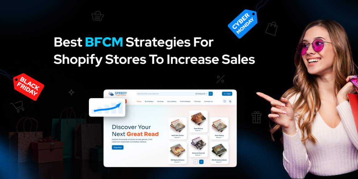 An image showing the title "Best BFCM Strategies For Shopify Stores To Increase Sales" with a smiling woman in pink sunglasses holding shopping bags on the right, and a computer screen displaying a Shopify store with books and a rising sales chart on the left.