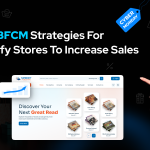 An image showing the title "Best BFCM Strategies For Shopify Stores To Increase Sales" with a smiling woman in pink sunglasses holding shopping bags on the right, and a computer screen displaying a Shopify store with books and a rising sales chart on the left.