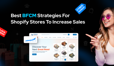 An image showing the title "Best BFCM Strategies For Shopify Stores To Increase Sales" with a smiling woman in pink sunglasses holding shopping bags on the right, and a computer screen displaying a Shopify store with books and a rising sales chart on the left.