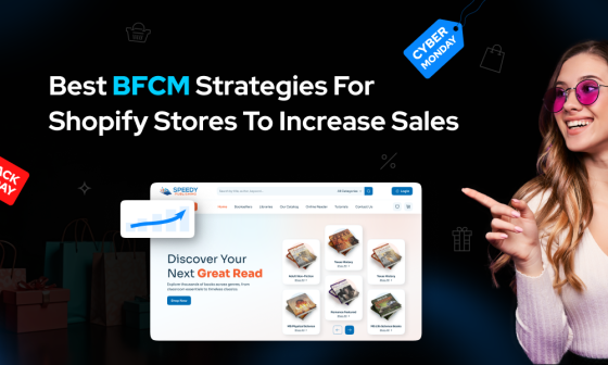 An image showing the title "Best BFCM Strategies For Shopify Stores To Increase Sales" with a smiling woman in pink sunglasses holding shopping bags on the right, and a computer screen displaying a Shopify store with books and a rising sales chart on the left.