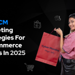 Graphic promoting 10 BFCM marketing strategies for e-commerce in 2025, showing a woman with shopping bags marked 'Cyber Monday Mega Sale' and 'Black Friday Mega Sale', surrounded by icons like a shopping cart and dollar sign on a dark geometric background.