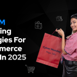 Graphic promoting 10 BFCM marketing strategies for e-commerce in 2025, showing a woman with shopping bags marked 'Cyber Monday Mega Sale' and 'Black Friday Mega Sale', surrounded by icons like a shopping cart and dollar sign on a dark geometric background.