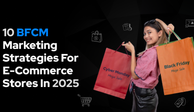 Graphic promoting 10 BFCM marketing strategies for e-commerce in 2025, showing a woman with shopping bags marked 'Cyber Monday Mega Sale' and 'Black Friday Mega Sale', surrounded by icons like a shopping cart and dollar sign on a dark geometric background.