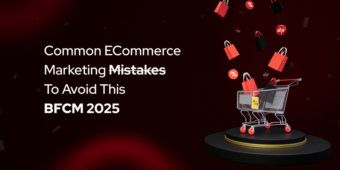 An illustration for 'Common eCommerce Marketing Mistakes to Avoid This BFCM 2025' featuring a shopping cart on a pedestal with floating shopping bags and discount tags. The dark red background is filled with festive elements, emphasizing Black Friday Cyber Monday 2025 preparation.