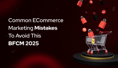 An illustration for 'Common eCommerce Marketing Mistakes to Avoid This BFCM 2025' featuring a shopping cart on a pedestal with floating shopping bags and discount tags. The dark red background is filled with festive elements, emphasizing Black Friday Cyber Monday 2025 preparation.