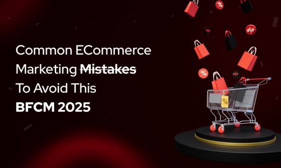 An illustration for 'Common eCommerce Marketing Mistakes to Avoid This BFCM 2025' featuring a shopping cart on a pedestal with floating shopping bags and discount tags. The dark red background is filled with festive elements, emphasizing Black Friday Cyber Monday 2025 preparation.