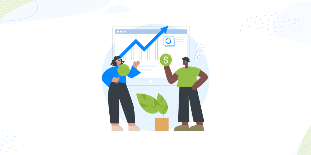 An image with the title "Establish Competitive Pricing Models". It shows an illustration of two people standing in front of a computer screen with a rising sales graph. One person is holding a magnifying glass, and the other is holding a coin with a dollar sign, representing the analysis of pricing strategies to achieve sales growth.
