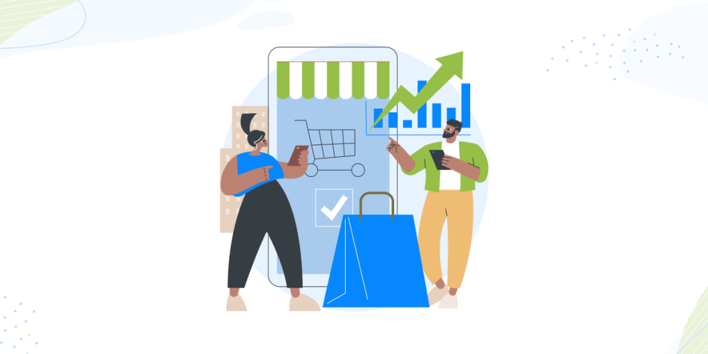An image with the title "Key Tactics Every Shopify Store Should Use This BFCM". It features two illustrated people. One person is pointing at a mobile phone screen showing a shopping cart and a shopping bag, while the other person points to a rising sales graph on the screen, indicating a focus on sales growth and shopping strategies.