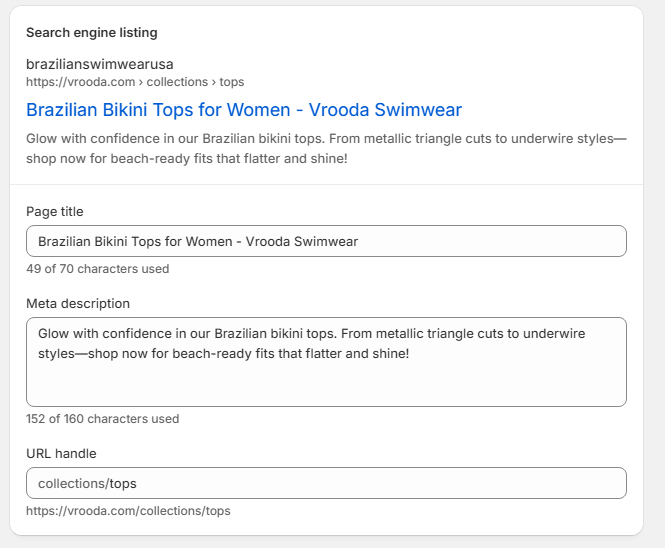 "Search engine listing showing the page title with a meta description and URL handle"