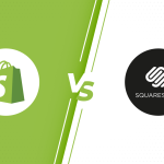 Comparison between Shopify and Squarespace, featuring Shopify's green shopping bag icon versus Squarespace's black circular