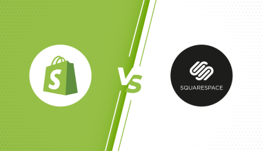 Comparison between Shopify and Squarespace, featuring Shopify's green shopping bag icon versus Squarespace's black circular