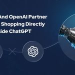Shopify and OpenAI partner to bring shopping directly inside ChatGPT, featuring a handshake between a human and a robot hand, with Shopify and OpenAI logos on a digital blue background.
