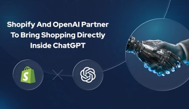 Shopify and OpenAI partner to bring shopping directly inside ChatGPT, featuring a handshake between a human and a robot hand, with Shopify and OpenAI logos on a digital blue background.