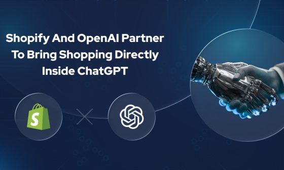 Shopify and OpenAI partner to bring shopping directly inside ChatGPT, featuring a handshake between a human and a robot hand, with Shopify and OpenAI logos on a digital blue background.