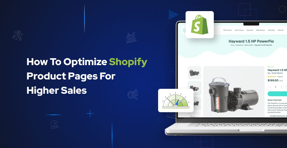 How to optimize Shopify product pages for higher sales – digital banner showing a laptop with a Shopify store product page and icons illustrating sales growth and website optimization.