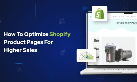 How to optimize Shopify product pages for higher sales – digital banner showing a laptop with a Shopify store product page and icons illustrating sales growth and website optimization.