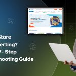 Man holding a laptop looking thoughtful, next to text that reads 'Shopify Store Not Converting? Here’s A 7-Step Troubleshooting Guide' with Shopify logo and an online store homepage screenshot in the background.