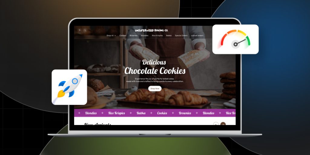 Laptop displaying a bakery website featuring chocolate cookies and pastries, with a person holding a loaf of bread in the background. Icons representing website speed and performance are shown alongside the laptop.