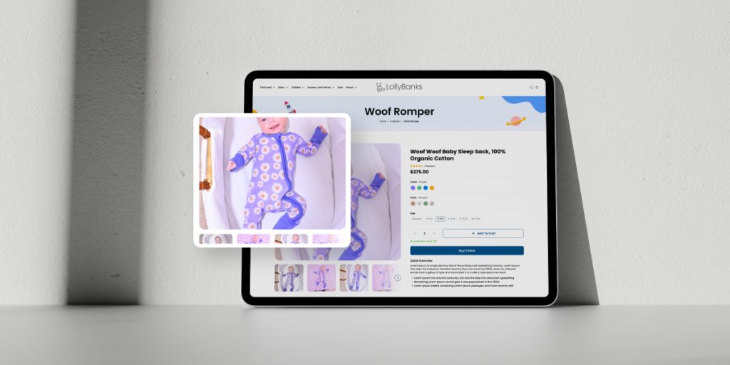 Shopify product page displaying a baby wearing a purple floral romper on a tablet screen — showcasing how compelling product and lifestyle photography enhances online shopping experience.