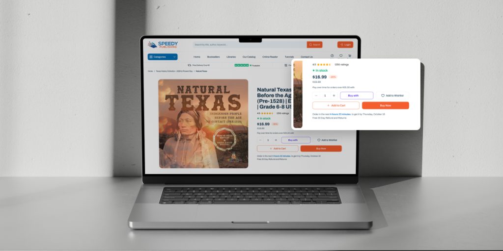 Laptop screen displaying an online bookstore product page for the book ‘Natural Texas’ with a highlighted section showing price, stock status, ratings, and prominent call-to-action buttons for buying or adding to cart, illustrating the importance of a clear CTA.