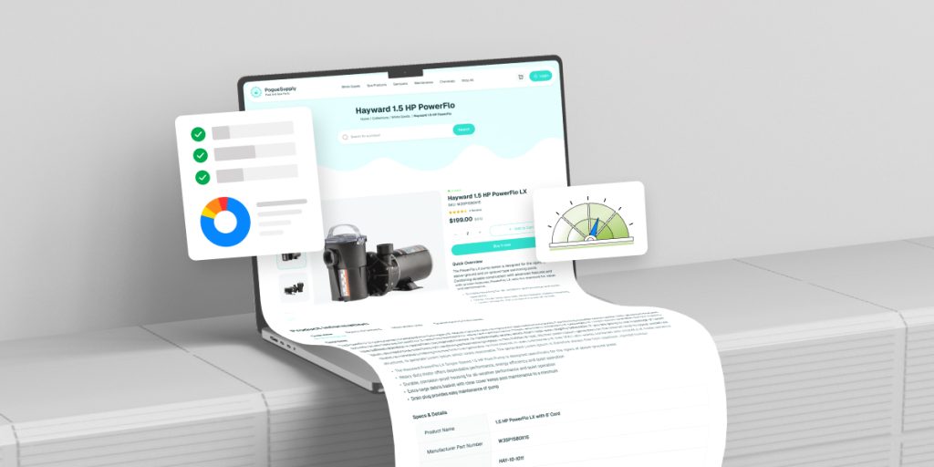 Illustration of a Shopify product page for Hayward 1.5 HP PowerFlo displayed on a foldable laptop screen with analytics charts and performance meter icons representing product page optimization and performance improvement.
