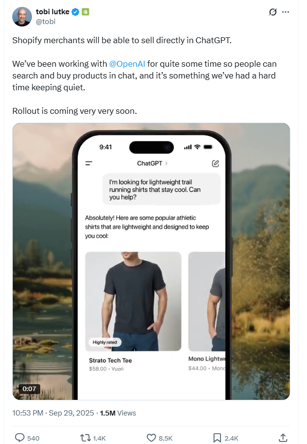 Tweet by Shopify CEO announcing merchants can sell directly in ChatGPT, showing a smartphone with ChatGPT recommending lightweight trail running shirts and shopping options.