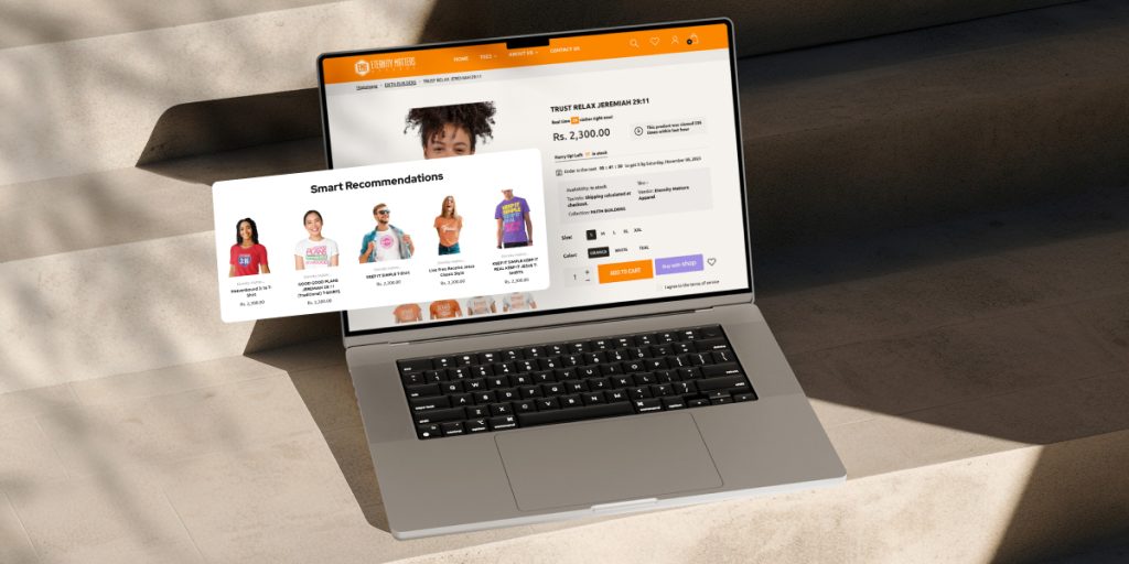 Smart Recommendations That Feel Personal Not Pushy – laptop screen showing a fashion store product page with an overlay of personalized clothing recommendations