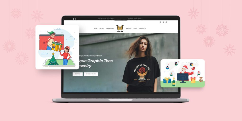 Image showing a Shopify storefront on a laptop, enhanced with holiday-themed illustrations of gift-giving and festive shopping.
