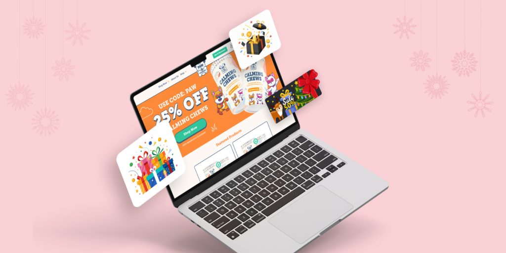 Shopify store Christmas promotion with 25% off calming chews, showcasing rewards, coupons, and festive gift wrap graphics on a laptop screen with a pink background.