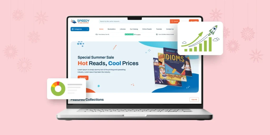 Image illustrating how to optimize a Shopify store for festive traffic, showing a laptop with a store homepage, a growth chart, and an analytics pie chart.