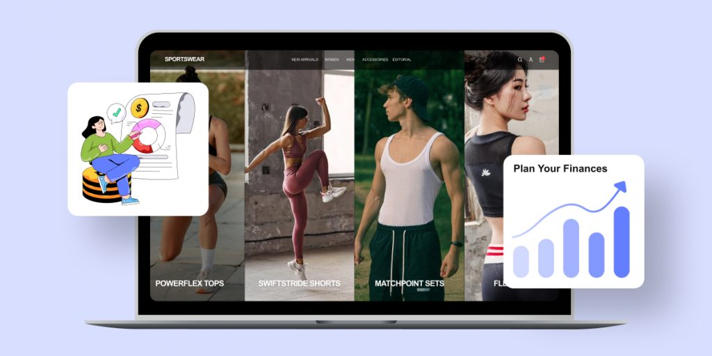 Laptop mockup displaying a sportswear ecommerce website with product categories like tops, shorts, and sets, overlaid with illustrations of a woman reviewing financial charts and a “Plan Your Finances” growth graph to represent budgeting, costs, and revenue planning.