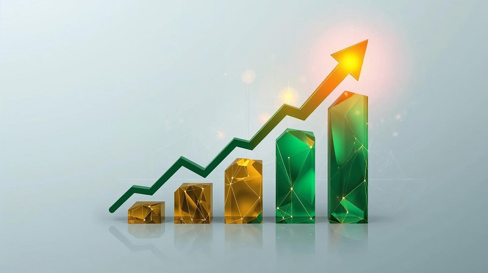 A 3D graphic representing growth and increased conversion rates, featuring a green and gold upward-trending line that culminates in a bright orange arrow tip, rising over a bar chart made of glowing, geometrically faceted gold and green prisms.