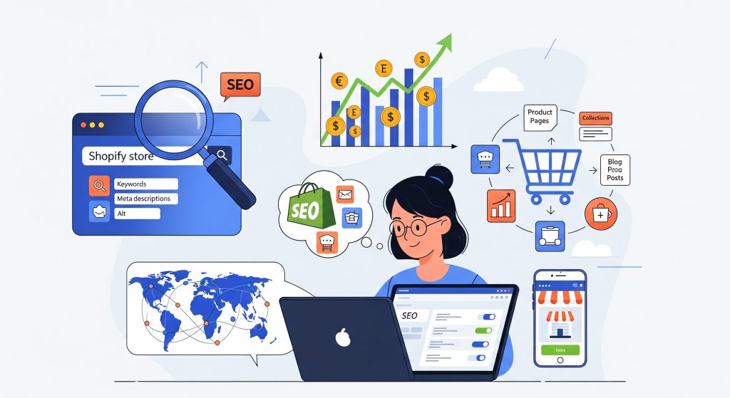 A detailed illustration showing a Shopify SEO expert working on a laptop, surrounded by elements of e-commerce and search engine optimization, including keyword research, meta descriptions, alt text, a shopping cart, product pages, collections, a growing sales graph with currency symbols, and a global map, signifying increased visibility and sales for a Shopify store.