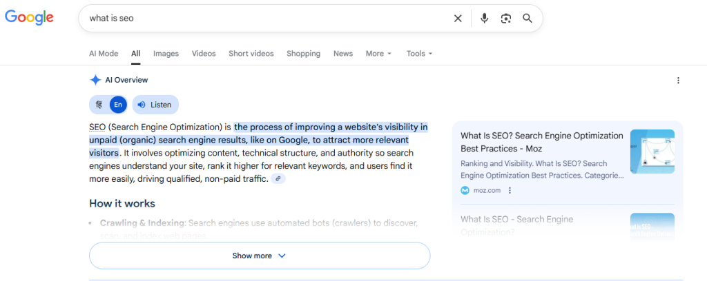 SERP result when searches the term "What is sep" it is used to show how google ai results work.
