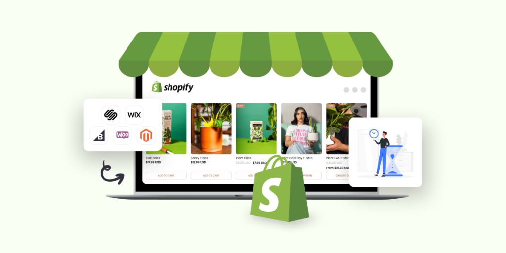 Illustration of an online store migrating to Shopify, showing a laptop storefront with product listings, a green Shopify awning and bag logo, and icons of other ecommerce platforms indicating platform migration.