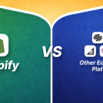 Banner comparing Shopify vs other ecommerce platforms, with Shopify logo on the left and logos of Wix, WooCommerce, Magento, BigCommerce, and Squarespace on the right.