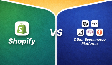 Banner comparing Shopify vs other ecommerce platforms, with Shopify logo on the left and logos of Wix, WooCommerce, Magento, BigCommerce, and Squarespace on the right.