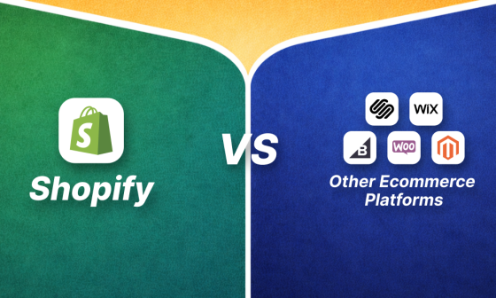 Banner comparing Shopify vs other ecommerce platforms, with Shopify logo on the left and logos of Wix, WooCommerce, Magento, BigCommerce, and Squarespace on the right.