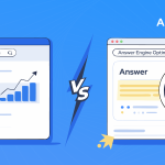 Illustration comparing SEO (Search Engine Optimization) vs AEO (Answer Engine Optimization) showing ranked search results on the left and highlighted answer result with magnifying glass on the right.