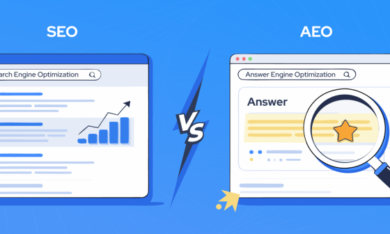 Illustration comparing SEO (Search Engine Optimization) vs AEO (Answer Engine Optimization) showing ranked search results on the left and highlighted answer result with magnifying glass on the right.