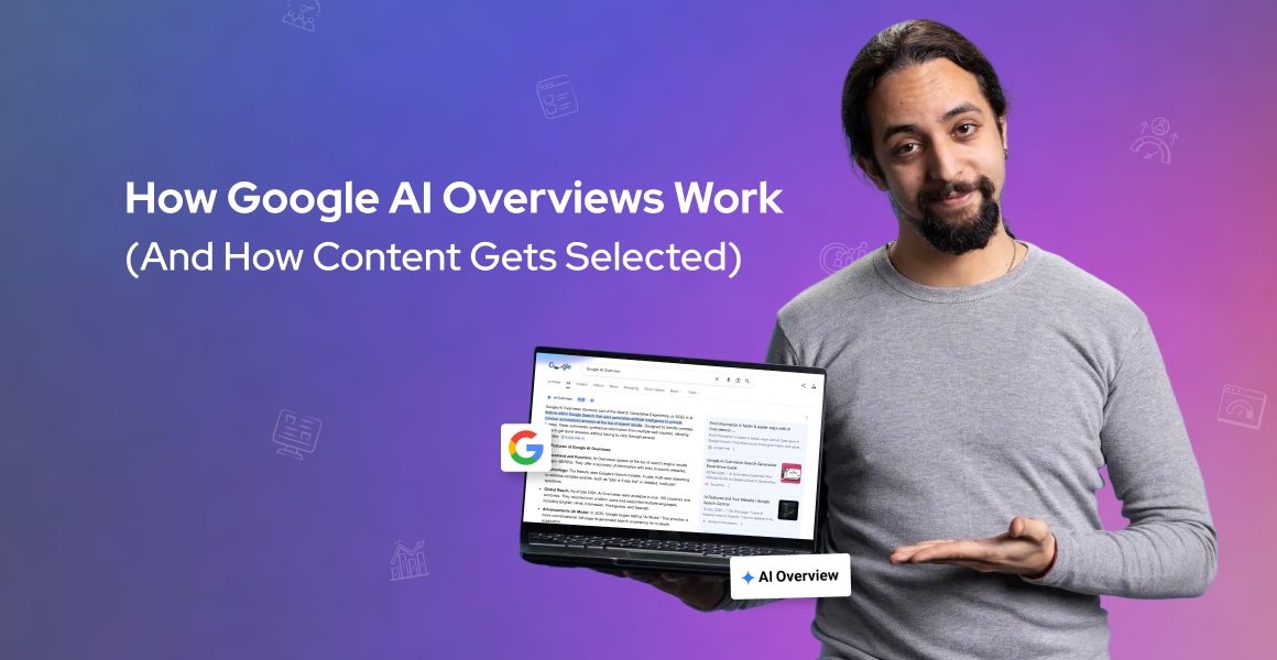 Illustration explaining how Google AI Overviews work, featuring a man holding a laptop with Google search results on screen.