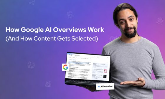 Illustration explaining how Google AI Overviews work, featuring a man holding a laptop with Google search results on screen.