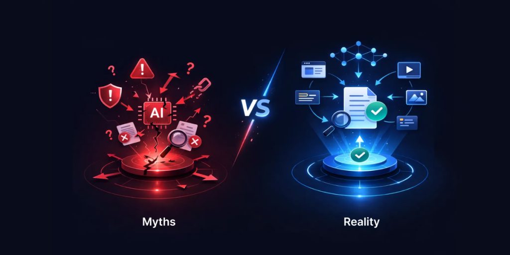 Split-screen illustration of AI myths vs reality, showing a red side with warning icons and confusion labeled “Myths” versus a blue side with verified content and checkmarks labeled “Reality.”