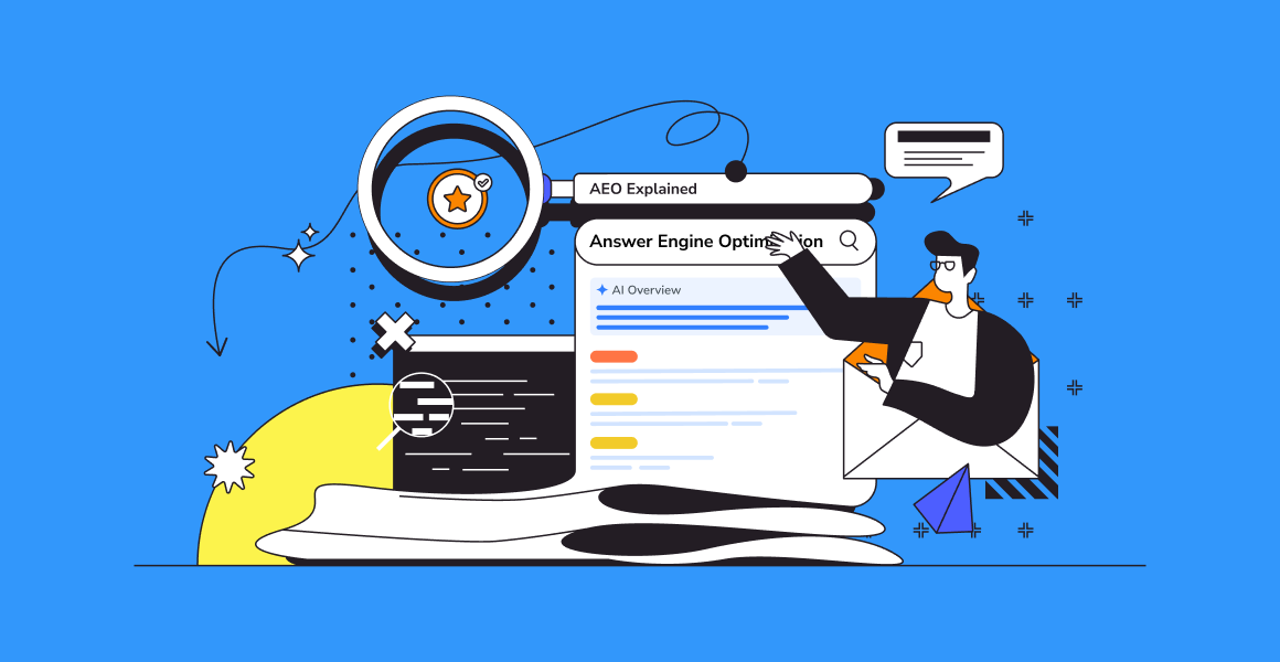 Illustration explaining Answer Engine Optimization (AEO), showing a magnifying glass, AI overview search results, and a person optimizing content to rank in answer engines.