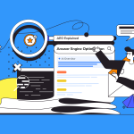 Illustration explaining Answer Engine Optimization (AEO), showing a magnifying glass, AI overview search results, and a person optimizing content to rank in answer engines.